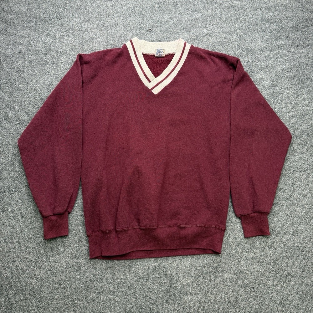 Jerzees Crewneck Sweatshirt Vintage Size Men's Large Maroon/White 90s V Neck
